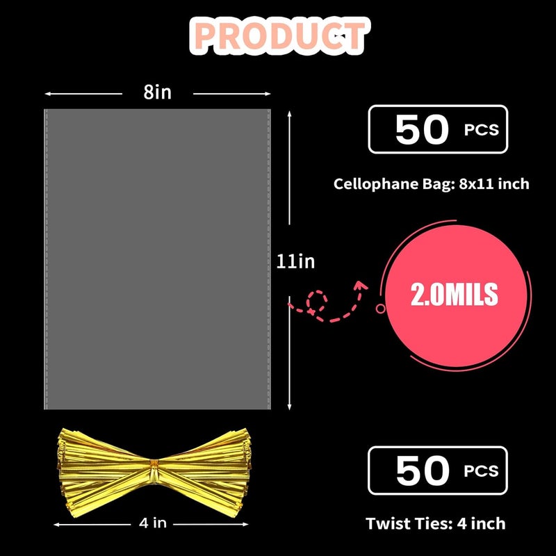 Bonison 8x11 Inch Cellophane Treat Bags - 50pcs Candy Goodie Gift Bags With Twist Ties, Perfect For Party Favors, Candies Cookies Chocolate Gift Wrapping - Image 2